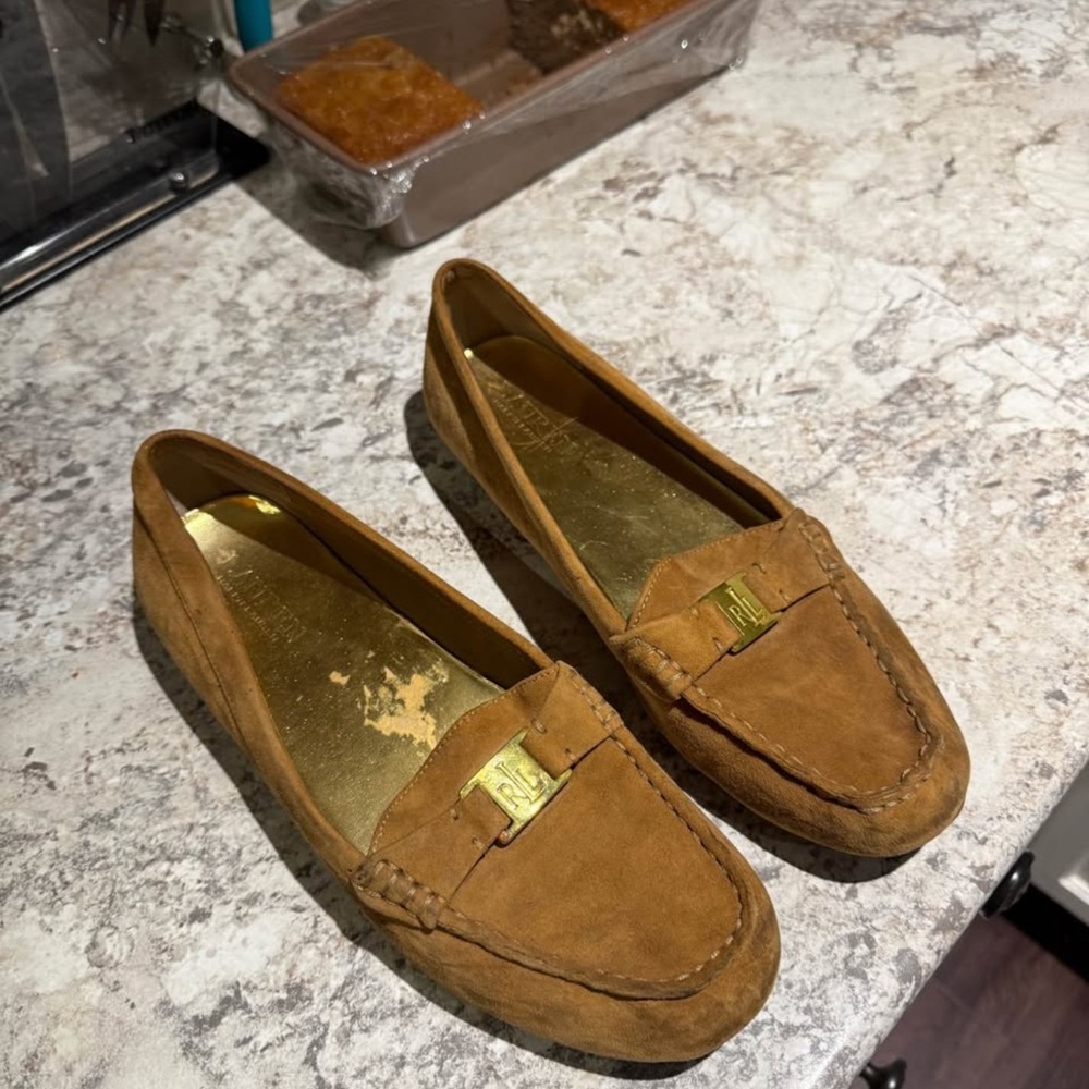 Suede Tan Women's Loafers with Gold Accent